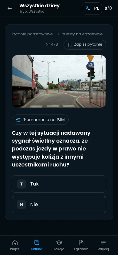 Nauka na telefonie: pytanie ze zdjęciem skrzyżowania, przycisk tłumaczenia na PJM i odpowiedzi Tak i Nie